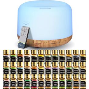 SACATR Essential Oil Diffusers for Home with 36 Oil Diffuser Sets, 500ml Aroma Diffuser for Essential Oils Large Room, Ultrasonic Cool Mist Diffuser Auto Shut-Off 4 Timers 15 Colors (36x5mL)