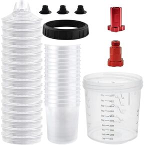 Disposable Paint Cups for Automotive Paint Gun, HVLP Paint Spray Gun Mixing Cups 20 Ounce (600ml) Kit with 15 Cups and Lids System, 1 Hard Cup with Retainer Ring, 2 Adapter, Paint Stirrer