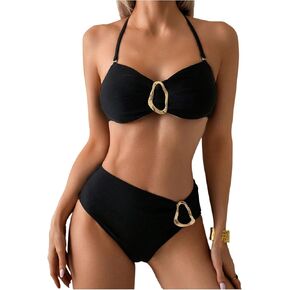GORGLITTER Women's Ring Linked Tie Backless Halter Bikini Top Removable Strap Bandeau Swimsuits