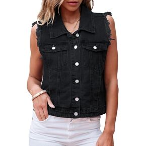 luvamia Denim Vest for Women Button Down Distressed Frayed Vests Top Western Casual Sleeveless Jean Jacket with Pockets