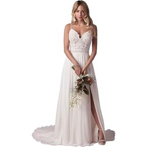 Chiffon A-line Beach Wedding Dresses 2024 Boho Lace Applique Bride Wedding Dresses