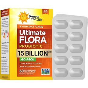 Ultimate Flora Probiotics 15 Billion CFU Delayed Release Vegan Capsules Go Pack | 12 Strains | Extra Care | Digestive Health | Immune Health | Dairy Free | 60 Count