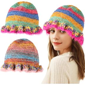 2 Pcs Crochet Bucket Hats, Fashionable Alpaca Wool Winter Hats for Women, Cute Colorful Striped Knit Hats, Foldable Bohemian Beanies for Travel and Presenting