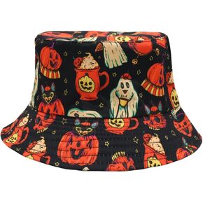 YAMEIZE Halloween Bucket Hat for Women - Men Pumpkin Ghost Hat for Adult Funny Beach Outdoor Holiday Party Cap