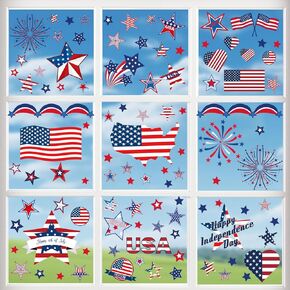 WD&CD 9 Sheets 4th of July Decorations Window Clings, Patriotic Static Decals for Glass - USA Flag, Fireworks, Stars Designs - Easy Peel & Stick - Indoor/Outdoor Use