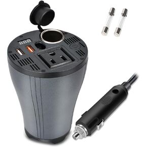 150W Car Power Inverter, DC 14V to AC 110V for Tesla & 12V Vehicles, Cup Holder Design Car Charger with Type C Led Display Screen Dual USB Quick Charge 3.0 and AC Outlets Cigarette Lighter Outlet