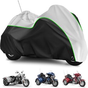 Trike Cover, Trike Waterproof Cover Heavy Duty Sun and Rain Proof Motorcycle Cover with Reflective Strip and Antenna Holes for Harley Honda Yamaha Kawasaki 108 Inch (Black Orange)