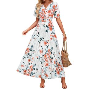 ZESICA Women's 2025 Summer Floral V Neck Maxi Dress Short Sleeve High Waist A Line Tiered Flowy Boho Vacation Dresses