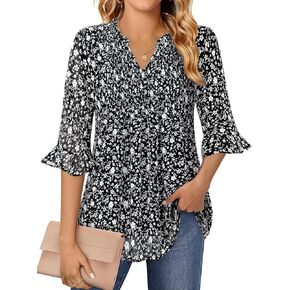Bulotus Womens 3/4 Sleeve Ruffle Chiffon Blouses Dressy Casual V Neck Tops
