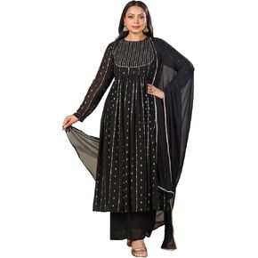Janasya Indian Black Flowy Foil Print Kurta Kurti Top Tunic Festive Evening wear Anarkali Plus Size Kurta Set for Women