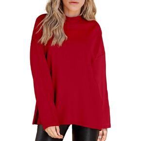 Tankaneo Womens Oversized Long Sleeve T Shirts Mock Neck Side Slit Tunic Tops Casual Loose Fit Tees
