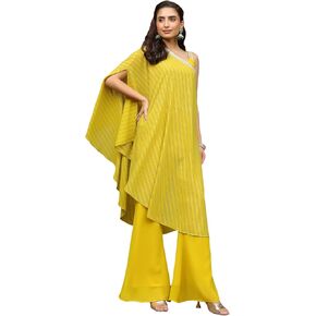 Janasya Indian Women's Yellow Flowy Kurta Kurti Top Tunic Printed Festive Wedding Evening wear Top with Pant for Women