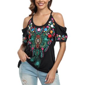 Mexican Shirts for Women Embroidered Tops Peasant Blouses Floral Traditional Summer Boho Tunic Short Sleeve Shirts