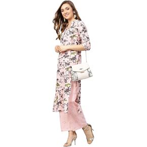 Women's Grey Print Cotton Kurta with Baby Pink Printed Palazzo Pants
