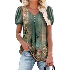 Angerella Women Tunic Tops Dressy Casual Summer Short Sleeve V Neck Shirts Floral Loose Fit Pleated Boho Top S-3XL