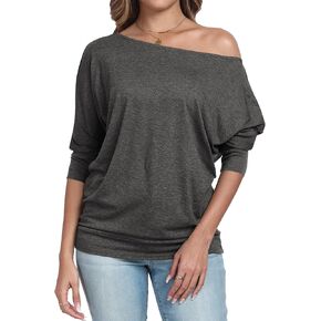 Poetsky Womens 3/4 Sleeve Shirts Sexy Off Shoulder Ruched Tops Loose Fitting Blouses