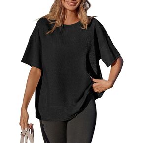 Tankaneo Womens Oversized Waffle Knit Tunic Tops Summer Casual Short Sleeve Round Neck T Shirt Loose Fit Side Split Tees