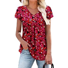 Angerella Women Tunic Tops Dressy Casual Summer Short Sleeve V Neck Shirts Floral Loose Fit Pleated Boho Top S-3XL in Kuwait