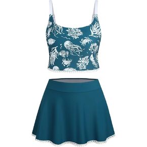 ZAFUL Women's Tankini Swimsuit Two Piece Tummy Control Tassels Bathing Suit Swimwear with Flowy Skirt