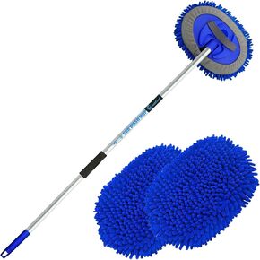 62" Car Wash Brush Mop Kit with Long Handle, 2 in 1 Chenille Microfiber Sponge Mitt Cleaning Detailing Duster for Washing Cars Truck SUV RV Caravans and Household(2 x Mop Head)