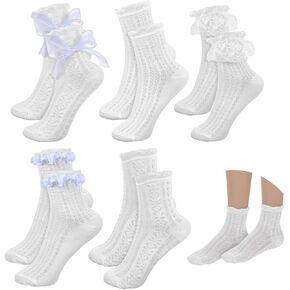 5 Pairs White Lace Socks Women, Elastic and Comfortable Frilly Socks Women, Lace Ruffle Sock Matching with Dresses, Skirts, Sneakers, Loafers, Durable Cotton Ruffled Sock for Womens