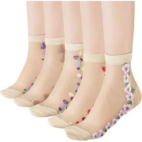 5 Pairs Sheer Socks Women - Lace Trouser Mesh Socks, Summer Ultrathin Crystal Glass Stocking, Sheer Ankle Transparent Fishnet Vintage High Mid Calf Sock for Girls Women White with flower