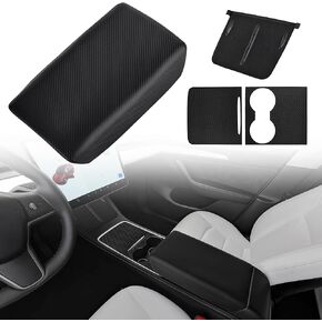 Tinlucys Center Console Protector Cover for Tesla Model 3 Model Y 2021-2024,TPE Armrest Cover,Center Console Wrap Cover,Wireless Charger Silicone Mat(Carbon Black Set)