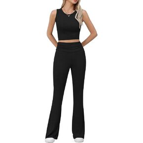 Missufe Women's Sleeveless Crop Tank Top High Waisted Flare Pants Lounge Set Summer Casual 2 Piece Outfit