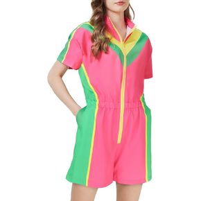 Ezuwail 80s Outfit for Women Color Block Neon Clothes Short Sleeve One Piece Outfits 90s Tracksuit