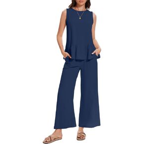 نساء قطعتين ملابس غير رسمية Crewneck Ruffles Tank Top Vacation Wide Leg Capris مع جيوب