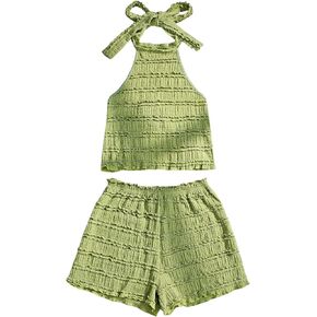 GORGLITTER Summer Outfits for Women 2 Piece Sets Crochet Textured Tie Back Halter Crop Top and Shorts Set