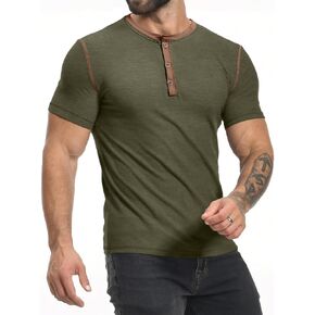 PLEPAN Mens Henley Shirts Crewneck Short Sleeve Casual Cotton T-Shirts with Contrast Color Collar