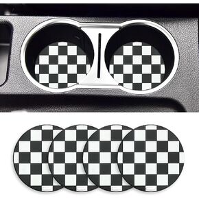 4 PCS Car Cup Coasters, 2.75 Inch Soft Anti-Slip Insert Car Cup Holder Coaster, Black and White Checkered Pattern Car Coaster of Cup Holder, Universal Auto Interior Accessories (Black)
