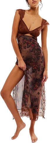 Women Sexy Lace Patchwork Mesh Dress Floral Print Cutout Sweetheart Neck Backless Slit Summer Maxi Dress in Kuwait