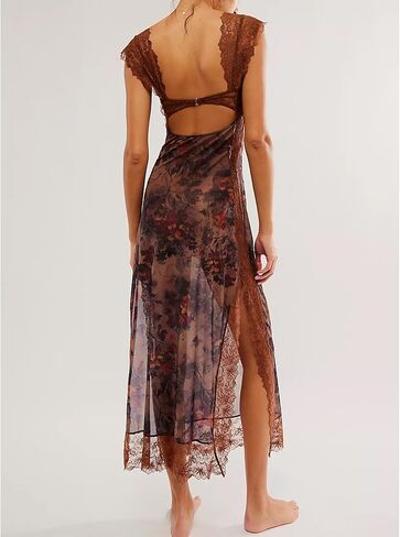 Women Sexy Lace Patchwork Mesh Dress Floral Print Cutout Sweetheart Neck Backless Slit Summer Maxi Dress in Kuwait