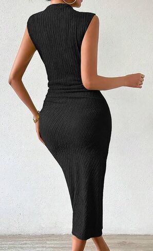 MITILLY Women Summer Formal Wedding Guest Dress Elegant High Neck Sleeveless Ruched Bodycon Midi Dress with Side Slit in Saudi Arabia