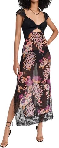 Women Sexy Lace Patchwork Mesh Dress Floral Print Cutout Sweetheart Neck Backless Slit Summer Maxi Dress in Kuwait