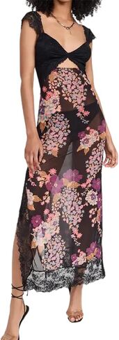 Women Sexy Lace Patchwork Mesh Dress Floral Print Cutout Sweetheart Neck Backless Slit Summer Maxi Dress in Kuwait