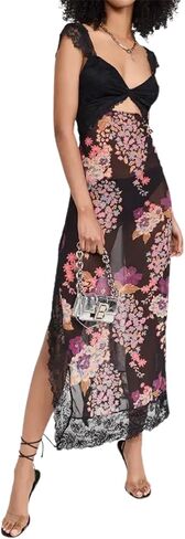 Women Sexy Lace Patchwork Mesh Dress Floral Print Cutout Sweetheart Neck Backless Slit Summer Maxi Dress in Kuwait