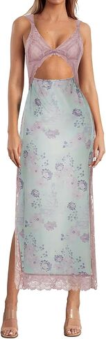 Women Sexy Lace Patchwork Mesh Dress Floral Print Cutout Sweetheart Neck Backless Slit Summer Maxi Dress in Kuwait