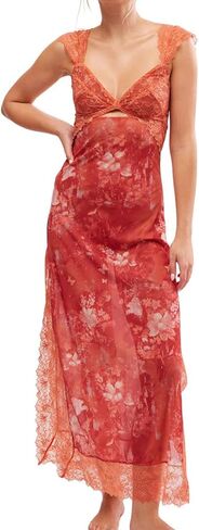 Women Sexy Lace Patchwork Mesh Dress Floral Print Cutout Sweetheart Neck Backless Slit Summer Maxi Dress in Kuwait