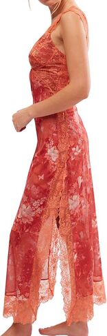 Women Sexy Lace Patchwork Mesh Dress Floral Print Cutout Sweetheart Neck Backless Slit Summer Maxi Dress in Kuwait