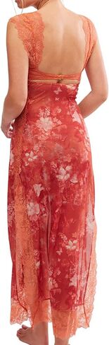 Women Sexy Lace Patchwork Mesh Dress Floral Print Cutout Sweetheart Neck Backless Slit Summer Maxi Dress in Kuwait