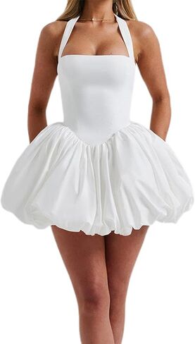 Women Y2K Halter Bubble Mini Dress Sexy Open Back Tie up Backless Corset Short Puff Dress Party Cocktail Clubwear in Kuwait