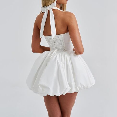 Women Y2K Halter Bubble Mini Dress Sexy Open Back Tie up Backless Corset Short Puff Dress Party Cocktail Clubwear in Kuwait