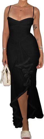 LETSVDO Women's Mesh Ruffle Maxi Dress Bodycon Ruched Corset Spaghetti Strap High Low Irregular Hem Sexy Party Dresses in Kuwait