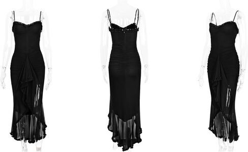 LETSVDO Women's Mesh Ruffle Maxi Dress Bodycon Ruched Corset Spaghetti Strap High Low Irregular Hem Sexy Party Dresses in Kuwait
