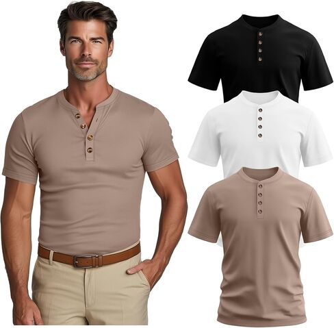 Riyiper 3 Pack Men's Big and Tall Henley T-Shirts Short Sleeve Cotton Plus Size Tees Loose Fit Plus Size Oversized Basic Tops in Saudi Arabia
