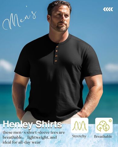 Riyiper 3 Pack Men's Big and Tall Henley T-Shirts Short Sleeve Cotton Plus Size Tees Loose Fit Plus Size Oversized Basic Tops in Saudi Arabia