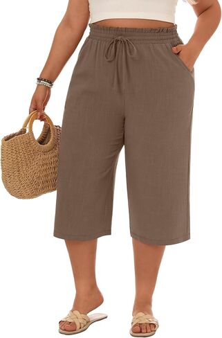Neer Plus Size Linen Linen Capri Baggy Wide Pant Pant غير الرسمي صالة الرباط عالية الخصر مع جيوب in Saudi Arabia